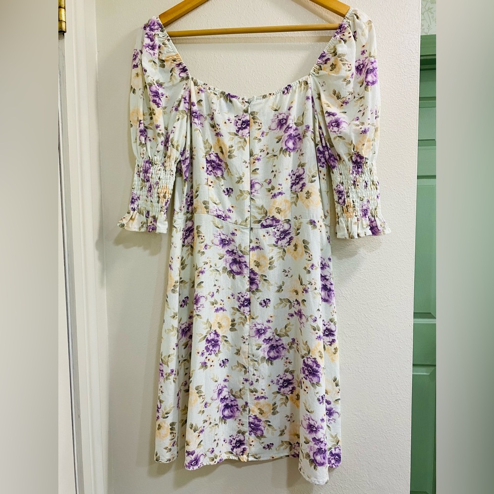 Blue Rain Cream Floral Square-Neck Puff Sleeve Mini Dress Medium - Picture 5 of 7